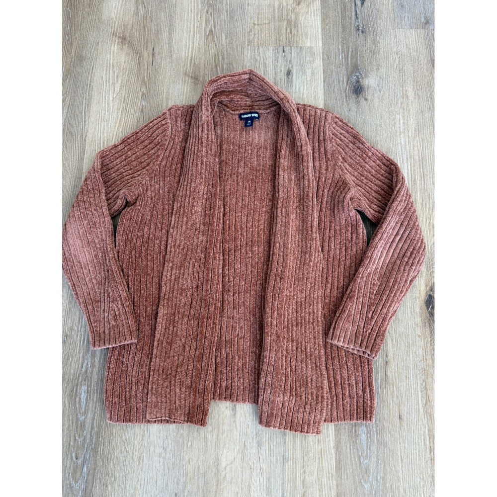 Lands End Minimalist Chenille Cardigan Women M Rust Ribbed Open Front Sweater